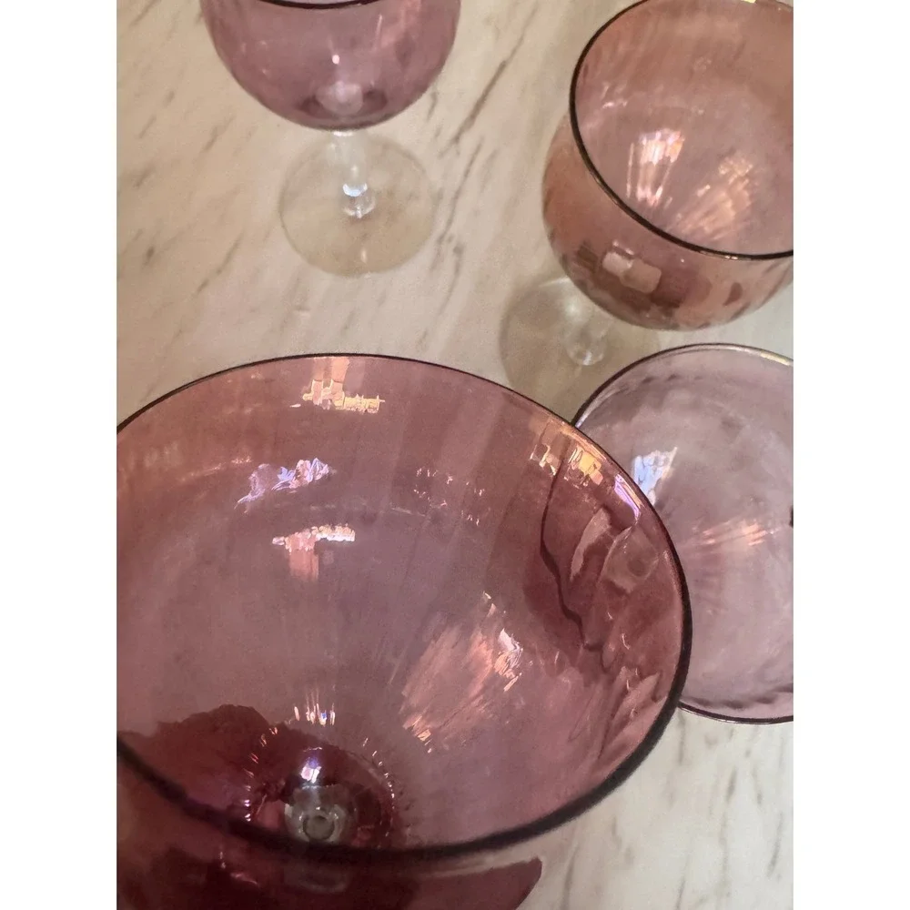 Vintage Amethyst Purple Iridescent Optic Ribbed Wine Glasses Set of 4, 6.5
